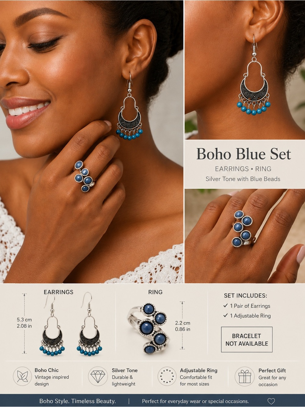 Boho Blue Silver-Tone Earrings & Adjustable Ring Set